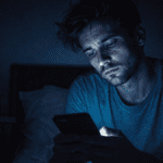 Person experiencing revenge bedtime procrastination and burnout symptoms late at night.