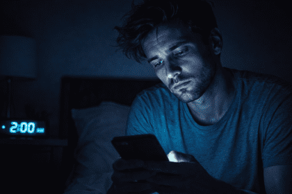 Person experiencing revenge bedtime procrastination and burnout symptoms late at night.