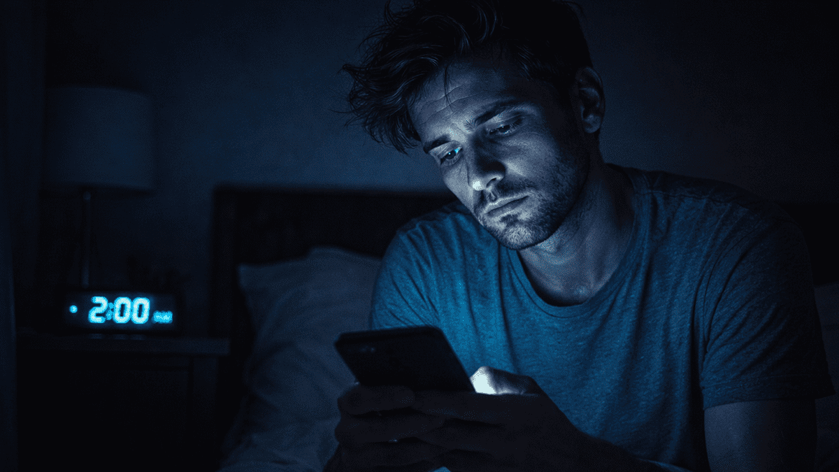 Person experiencing revenge bedtime procrastination and burnout symptoms late at night.