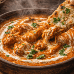 Creamy 15-minute pressure cooker Butter Chicken served with garlic naan.