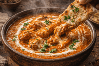 Creamy 15-minute pressure cooker Butter Chicken served with garlic naan.