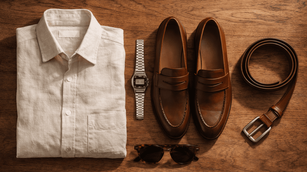 Essential Old Money wardrobe items for men including linen shirt and loafers
