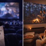 Comparison of expensive cinema hall vs cozy home projector setup.