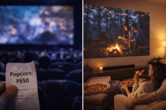 Comparison of expensive cinema hall vs cozy home projector setup.