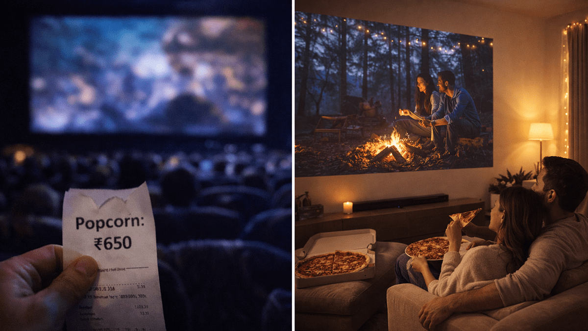 Comparison of expensive cinema hall vs cozy home projector setup.