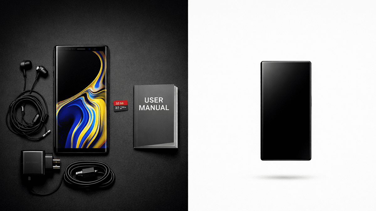 Comparison of old phones vs new devices with smartphone features removed like chargers and jacks.