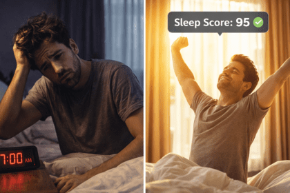 Comparison of waking up tired vs waking up refreshed after 8 hours of sleep.