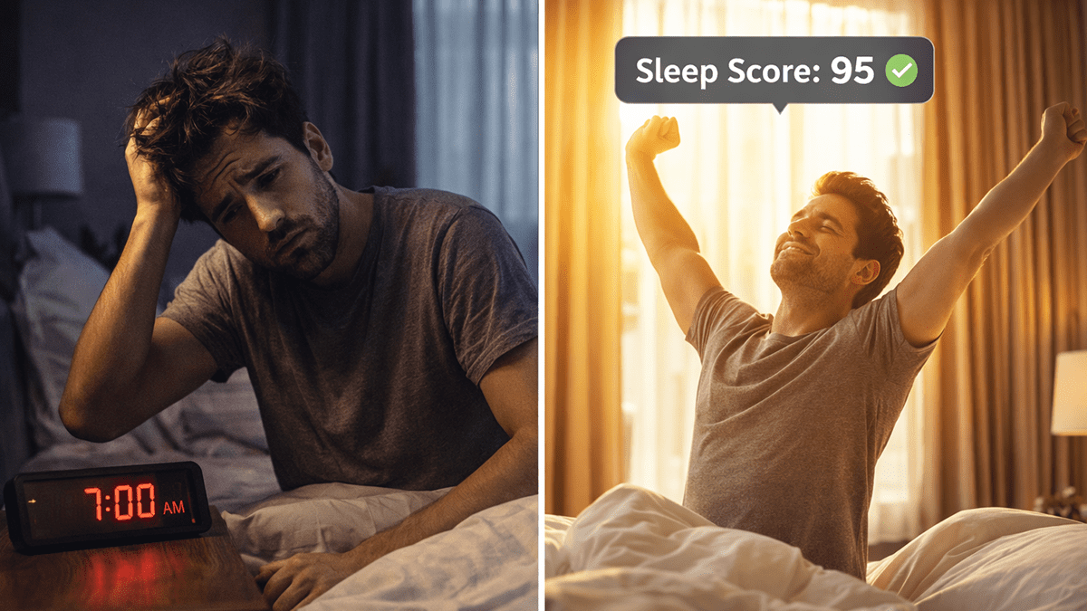 Comparison of waking up tired vs waking up refreshed after 8 hours of sleep.