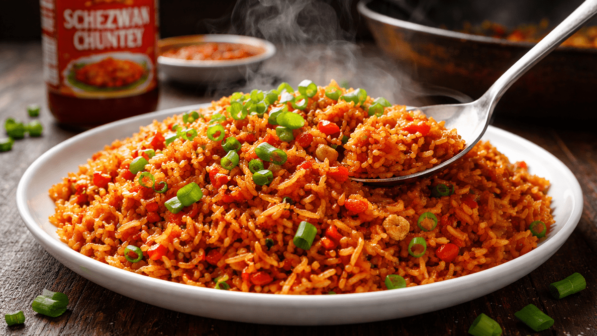 Street style Schezwan Fried Rice recipe made with leftover rice.