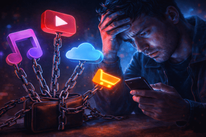 Illustration of subscription fatigue and digital spending overload.