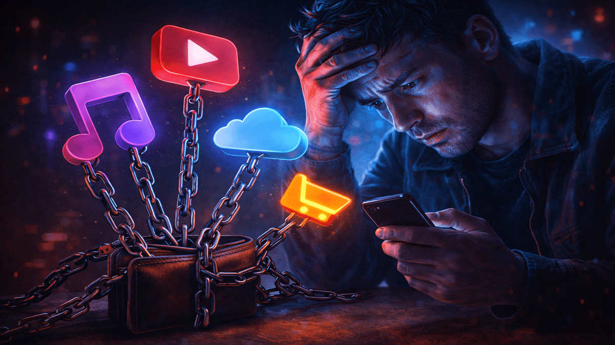 Illustration of subscription fatigue and digital spending overload.