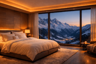 Luxury sleep tourism destination with mountain view and circadian lighting.