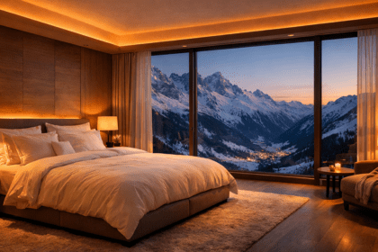 Luxury sleep tourism destination with mountain view and circadian lighting.
