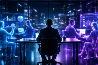 A professional managing a team of autonomous AI Agents in a futuristic office setting.