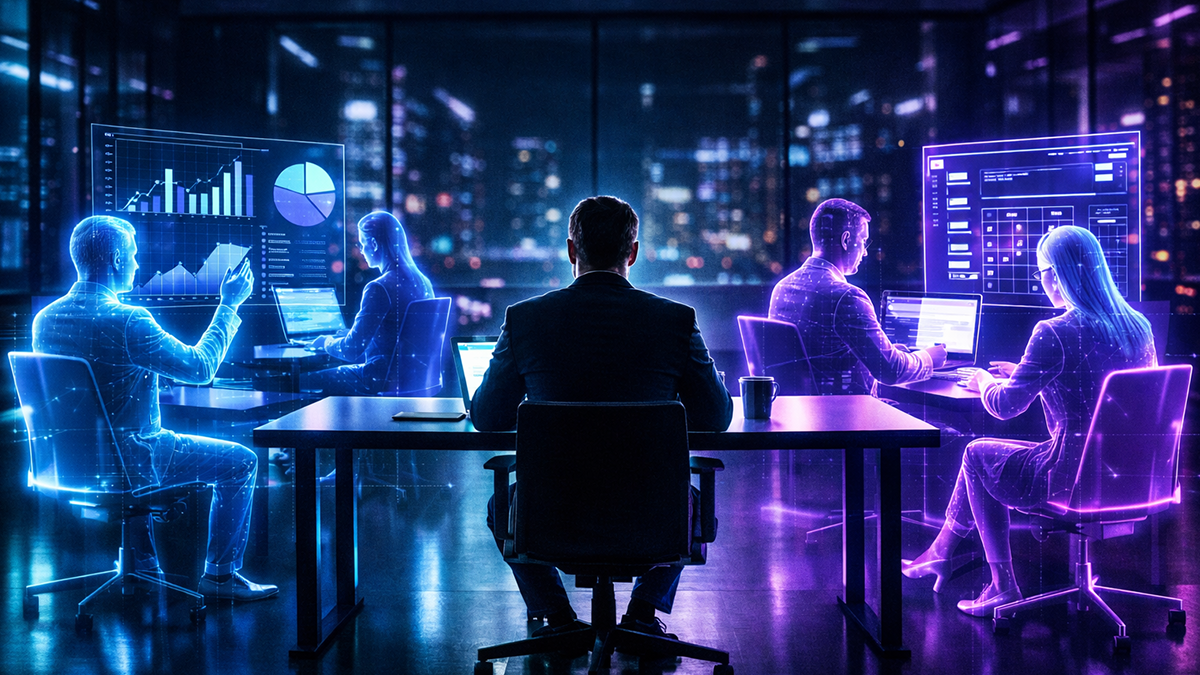 A professional managing a team of autonomous AI Agents in a futuristic office setting.