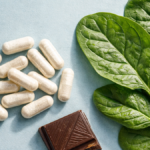 Magnesium Glycinate supplement next to spinach, showing essential mineral for energy.