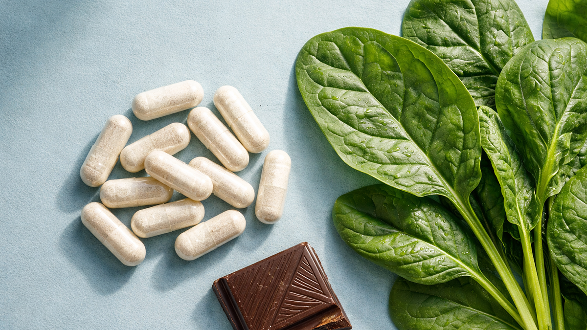 Magnesium Glycinate supplement next to spinach, showing essential mineral for energy.