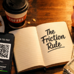 Smartphone UPI scanner and coffee compared to saving money using the friction rule in India.