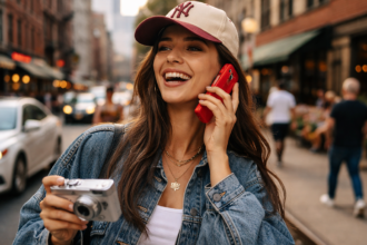 Gen Z user holding a retro flip phone participating in the Dumb Phone trend.