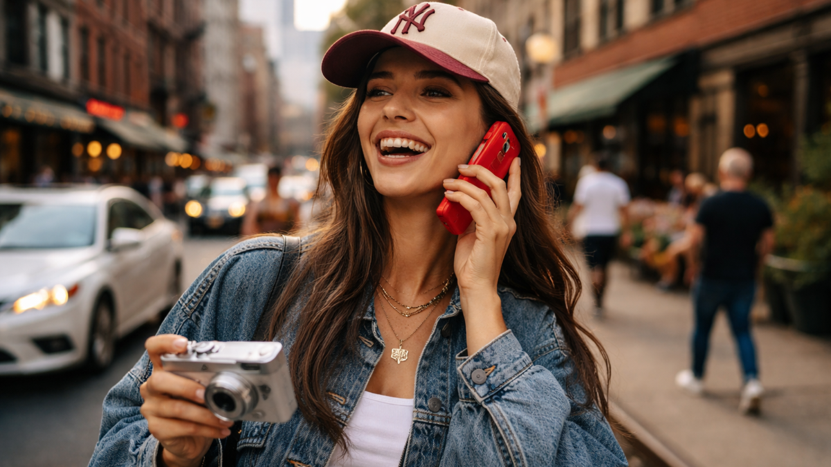 Gen Z user holding a retro flip phone participating in the Dumb Phone trend.