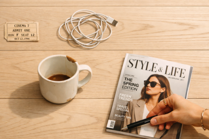 Flat lay of 5 items being removed from a floor as part of the 5 Item Rule to Declutter daily habit.