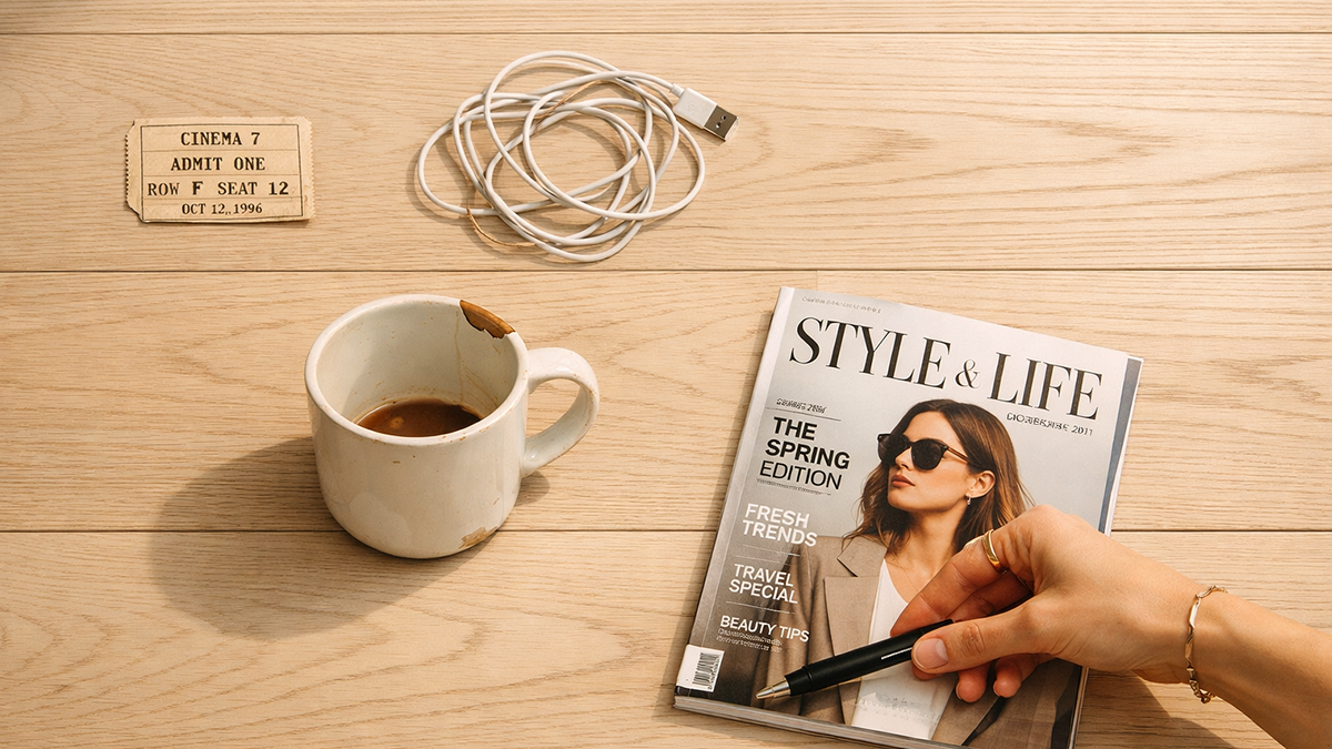 Flat lay of 5 items being removed from a floor as part of the 5 Item Rule to Declutter daily habit.