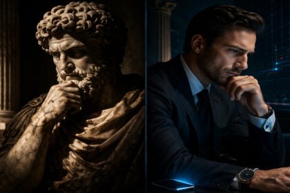Marcus Aurelius bust compared to a modern professional, illustrating Marcus Aurelius Lessons for today.