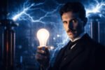 A cinematic representation of Nikola Tesla in his laboratory, illustrating the life of a famous historical personality.