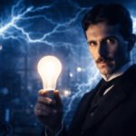 A cinematic representation of Nikola Tesla in his laboratory, illustrating the life of a famous historical personality.