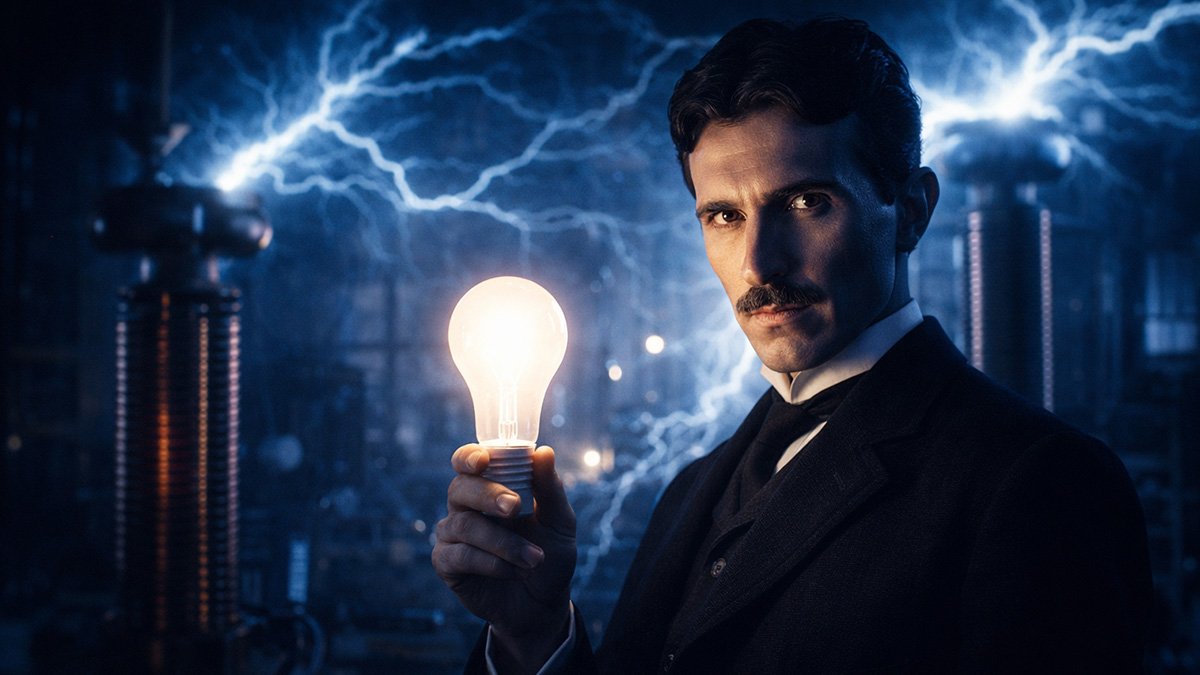 A cinematic representation of Nikola Tesla in his laboratory, illustrating the life of a famous historical personality.