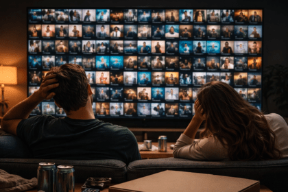 Couple experiencing OTT Fatigue scrolling through Netflix without picking a movie.