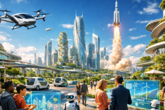A futuristic smart city representing the top Future Tech Trends of the next decade.