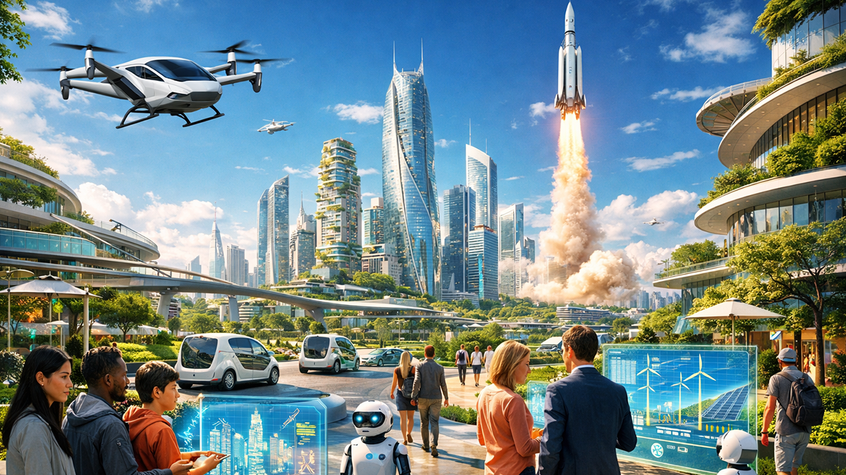 A futuristic smart city representing the top Future Tech Trends of the next decade.
