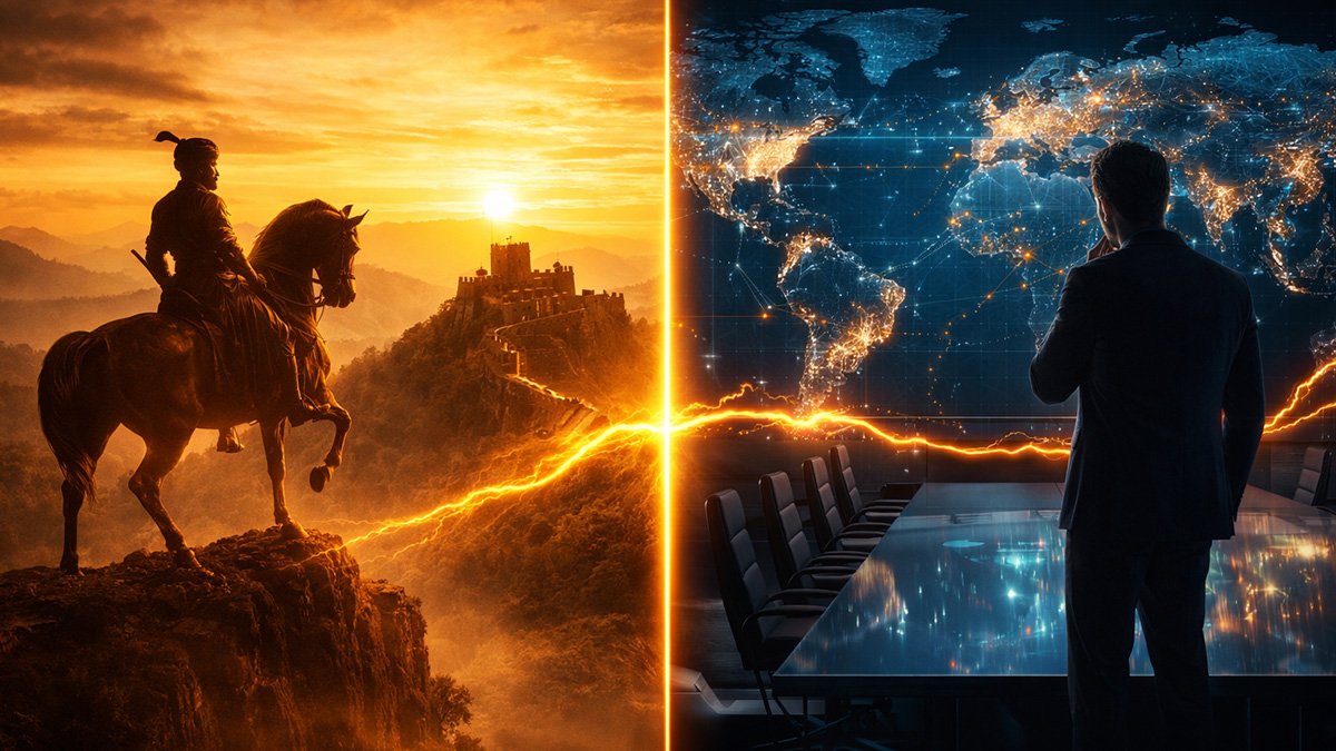 Historical and modern comparison illustrating Chhatrapati Shivaji Leadership strategies for 2026.
