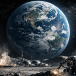 A lunar base and reusable rockets illustrating the New Space Race trillion-dollar industry.