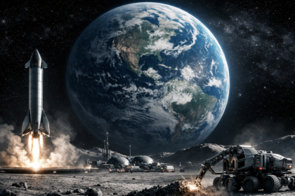 A lunar base and reusable rockets illustrating the New Space Race trillion-dollar industry.