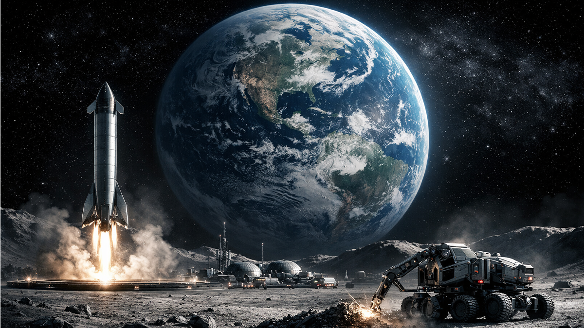 A lunar base and reusable rockets illustrating the New Space Race trillion-dollar industry.