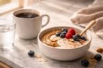 A small protein-rich breakfast snack served next to a morning cup of coffee to improve energy levels.