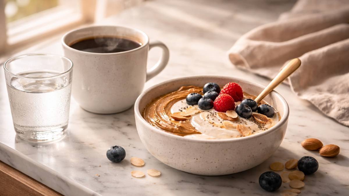 A small protein-rich breakfast snack served next to a morning cup of coffee to improve energy levels.