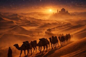A camel caravan traveling through the desert, illustrating the vast scale of Silk Road History.