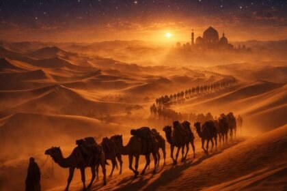 A camel caravan traveling through the desert, illustrating the vast scale of Silk Road History.