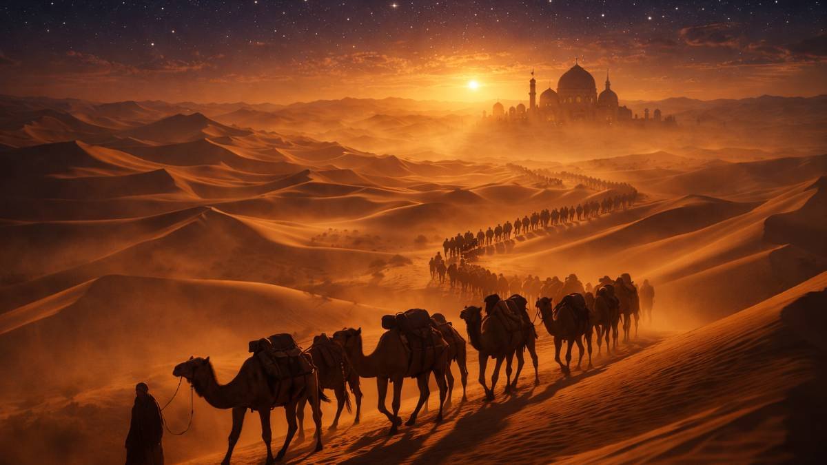 A camel caravan traveling through the desert, illustrating the vast scale of Silk Road History.