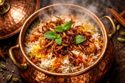 A steaming pot of authentic Dum Biryani illustrating the Secrets to Perfect Biryani