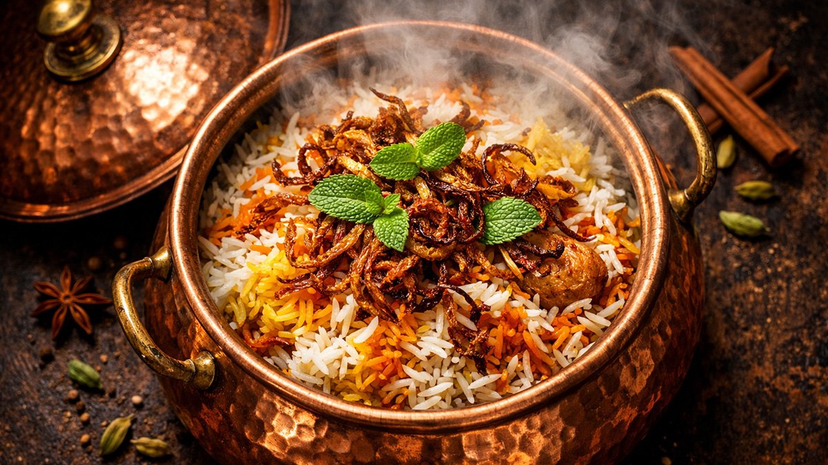 A steaming pot of authentic Dum Biryani illustrating the Secrets to Perfect Biryani