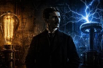 A cinematic illustration of the War of Currents between Nikola Tesla and Thomas Edison.