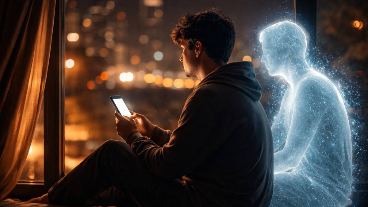 A person interacting with an AI Companion on a smartphone, illustrating digital relationships.